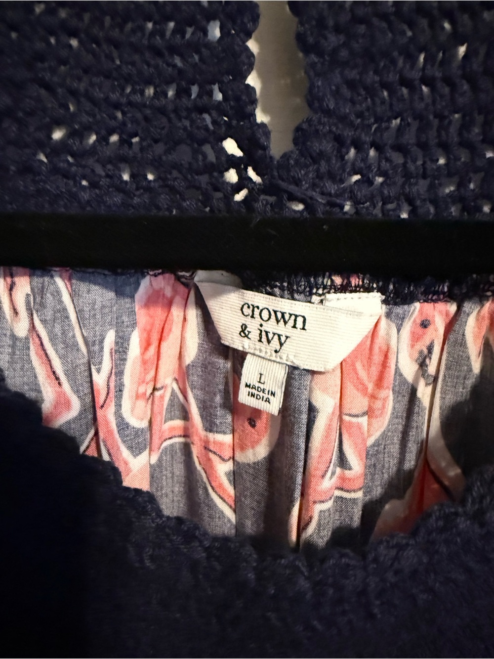 Navy Crochet Yoke Flamingo Print Maxi Dress by Crown and Ivy sz Lg. - Picture 3 of 4
